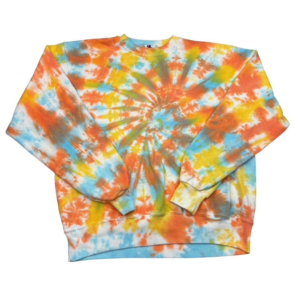 Vintage Champion Sweatshirt Mens XL Multicolor Tie Dye Spiral Crewneck Blue Bar